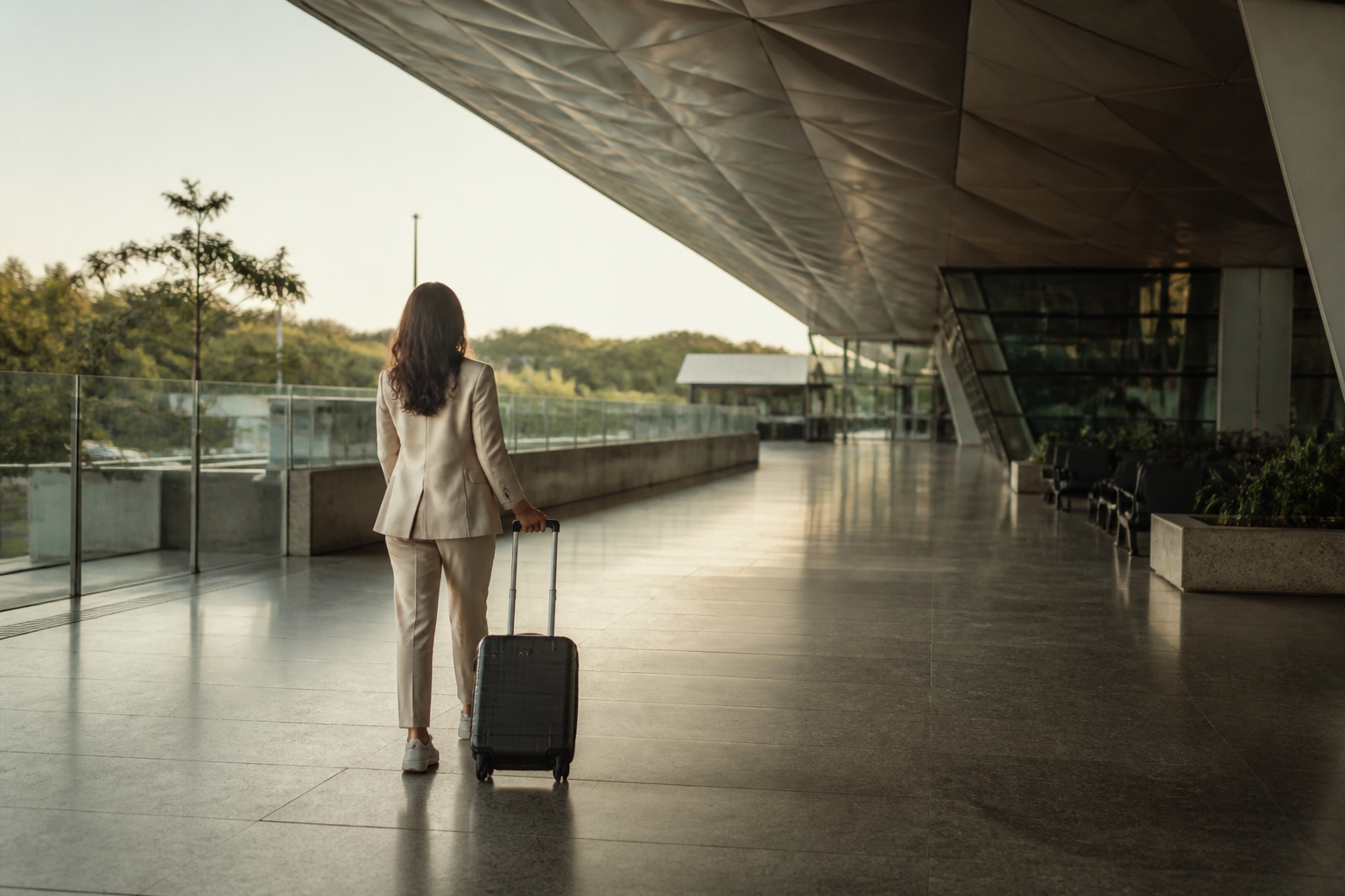Mulher vista de costas caminhando com mala em um terminal contemporâneo