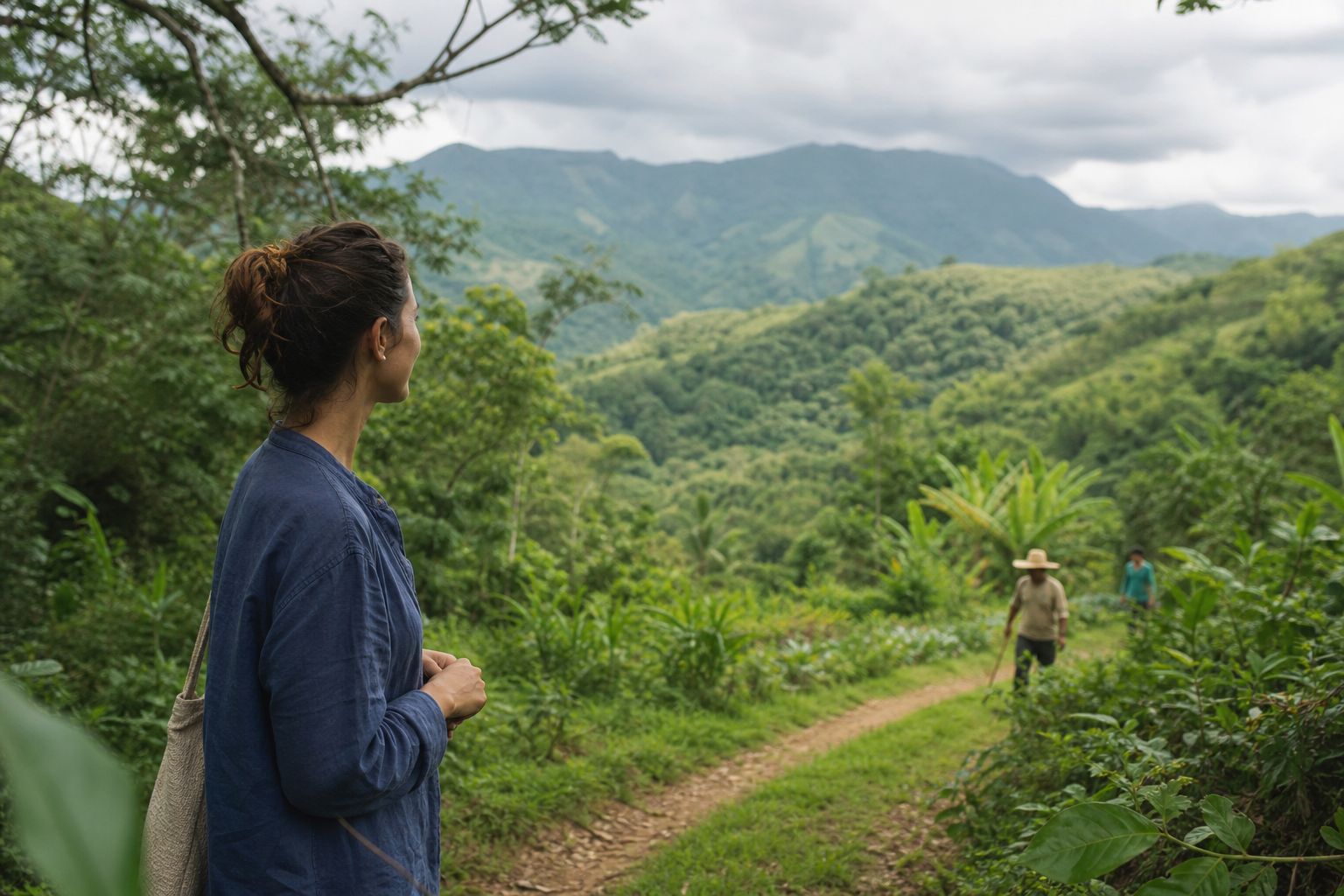 Mulher observa uma paisagem cultivada em um território de mata