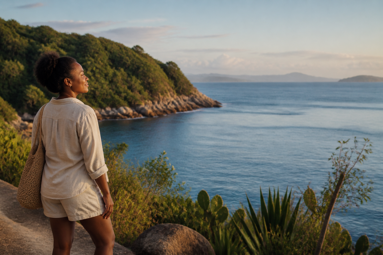 Mulher negra contempla o mar durante uma jornada de lazer